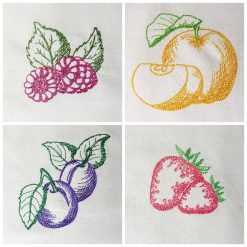 Fruit set – raspberry, apple, strawberry, plum machine embroidery